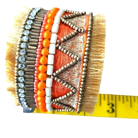 SHIRALEAH Chicago "Santamaria" Orange Beaded Fringe Boho Tapestry Cuff  NWT - Picture 6 of 7